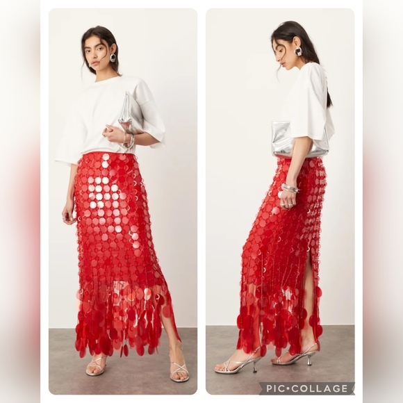 ASOS EDITION ♥️ Futurist sequin embellished fringe hem maxi skirt in red - Picture 1 of 6